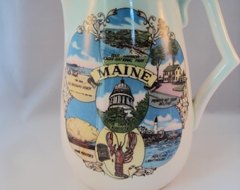 Maine souvenir pitcher, c. 1960's, scenes of Maine, ceramic