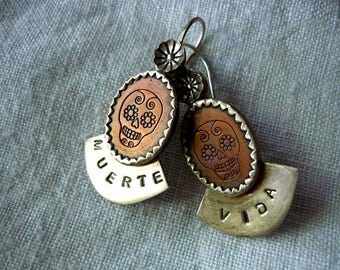 Pair Dia de los Muertos, Day of the Dead, copper and silver earrings