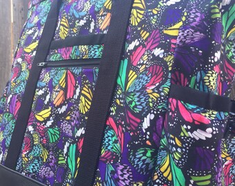 Leather Bottom Teacher Tote Bag with Pockets, Rainbow Butterfly Nurse Tote Bag, Knitting Bag, Diaper Bag, Carry On Travel Tote Bag