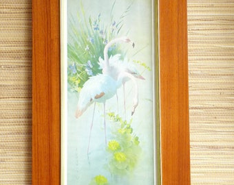 Flamingo Picture Wooden Frame Wall Art - Teak Brass - Wall Hanging Decoration - Mid Century MCM 1950s 1960s - Vernon Ward Vintage