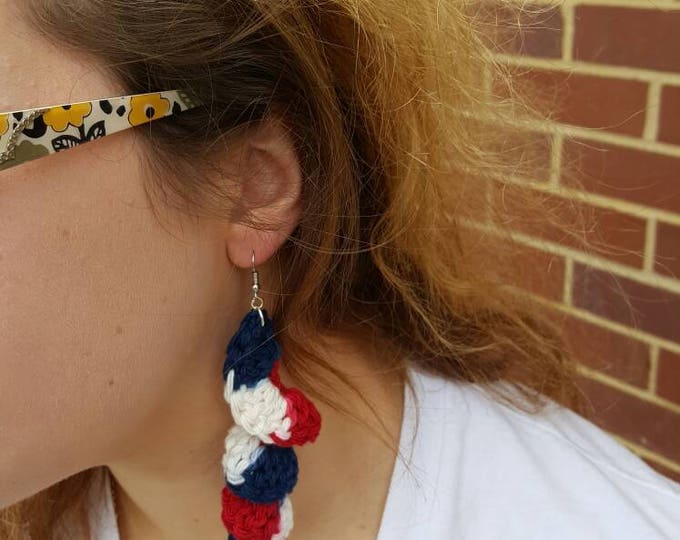 Handmade Crochet Red White Blue Spiral Earrings 4 inch drop