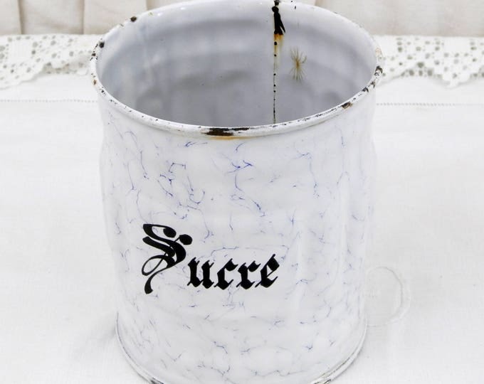 Antique French Chippy White and Blue Marbled Enamel Sugar Canister with Gothic Lettering, French Country Kitchen Enamelware Decor