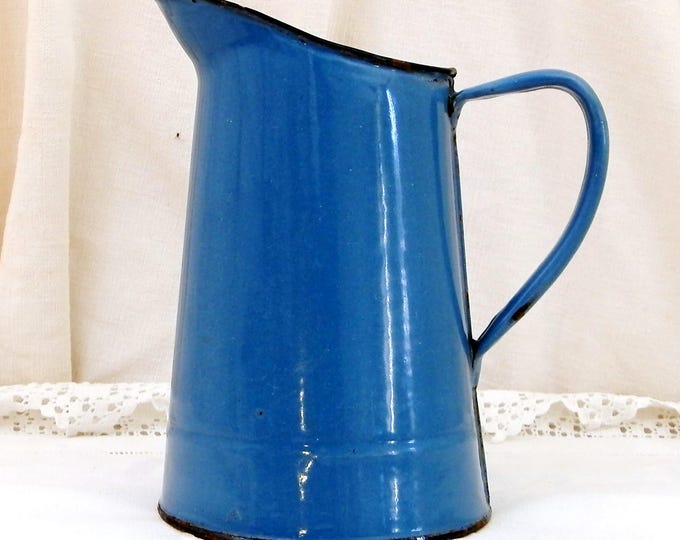 Antique French Bright Blue Enamel Pitcher, Chippy Cottage Kitchen Enamelware Jug, French Country Chateau Shabby Chic, Retro Vintage Decor