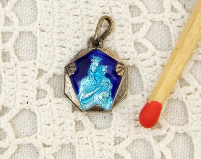 Small Antique Silver and Blue Enamel Religious Medal Saint Anne on the Reverse is Jesus Christ, Christian Religion, Catholic Jewelry Small Antique Silver and Blue Enamel Religious Medal Saint Anne on the Reverse is Jesus Christ, Christian Religion, Catholic Jewelry