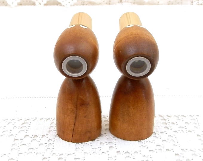 Pair of Vintage Squeaking Teak Mid Century Modern Novelty Salt and Pepper Shakers, Retro 60s Musical Wooden Tableware, Phonic Wood Cruet Set