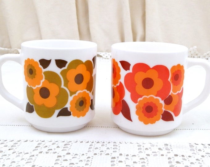 2 Vintage Arcopal Mid Century French White Milk Glass with Orange, Red and Green Retro Flower Pattern Coffee Mugs, Pair 1960s / 1970s Cups