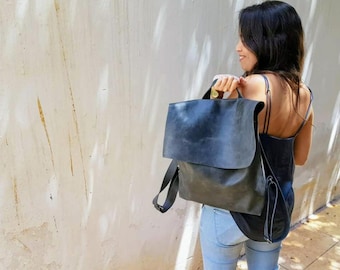 Leather Backpack Women, Laptop Backpack Bag, Messenger Backpack, Laptop Messenger Bag with Zipper, Messenger Bag, Leather Messenger Bag