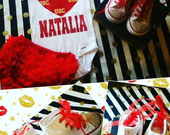 Usc, baby, girl, 1st birthday, onesie,bloomers. Shose sold separately