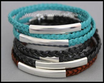Boho LEATHER Wrap Bracelet - Flat Braided Genuine Natural Leather Cord Large Silver TUBES - Adjustable Double Triple Wrap Bangle Bracelet