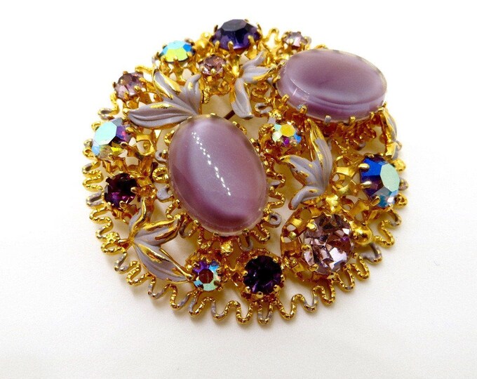Givre Glass Brooch, Filigree Rhinestone Pin, Made In Austria, Lavender Givre Glass, Vintage Jewelry