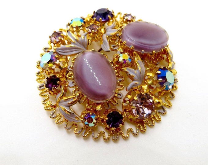 Givre Glass Brooch, Vintage Filigree Rhinestone Pin, Made In Austria, Lavender Givre Glass, Enamel Leaves