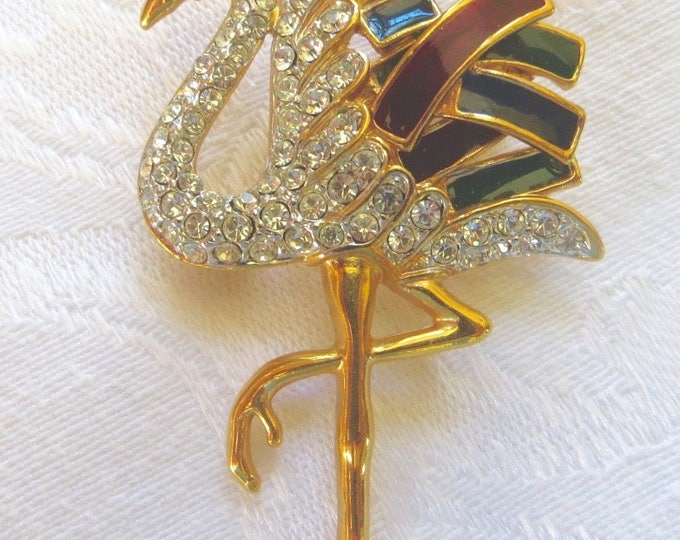 Vintage Flamingo Brooch, Enamel, Signed Roman, Duchess of Windsor Jewelry Replica