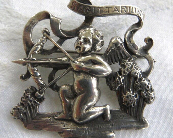 Sterling Sagittarius Brooch, The Archer, Cherub Archer, 1940s Sagittarius Pin, Signed Cini