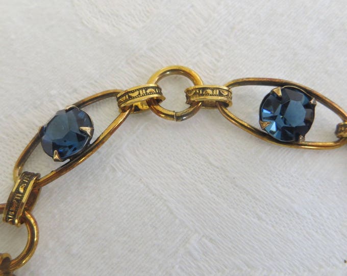 Vintage Rhinestone Bracelet, Open Link with Cobalt Chaton Rhinestones