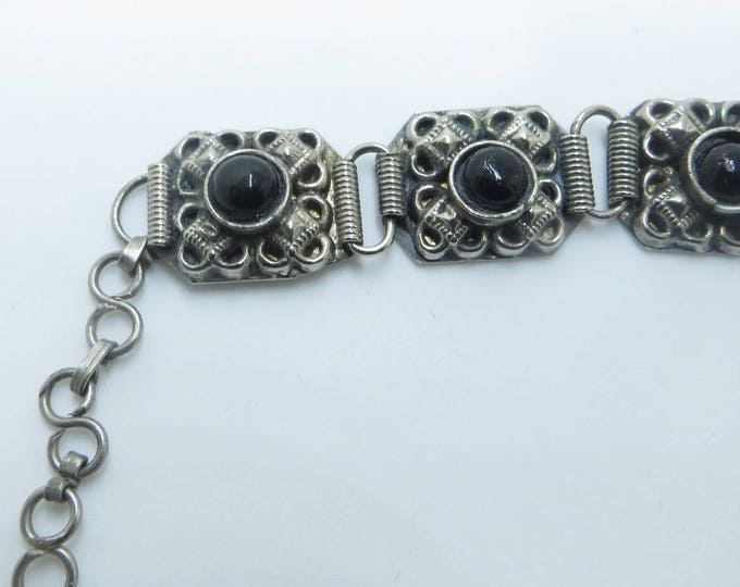 Vintage Bracelet, Silver Repousse Panels, Glass Cabochon Stones, Dimensional Baroque Beauty!