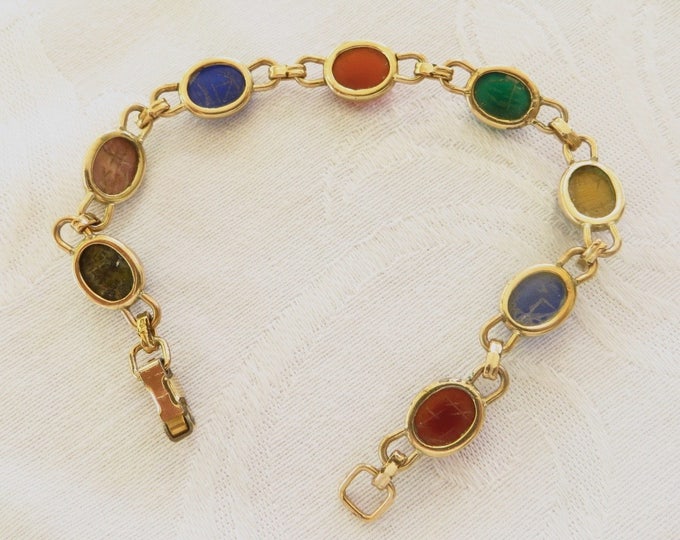 Vintage Scarab Bracelet, Beetle Cabochons, Link Bracelet, Egyptian Revival, Egyptian Jewelry