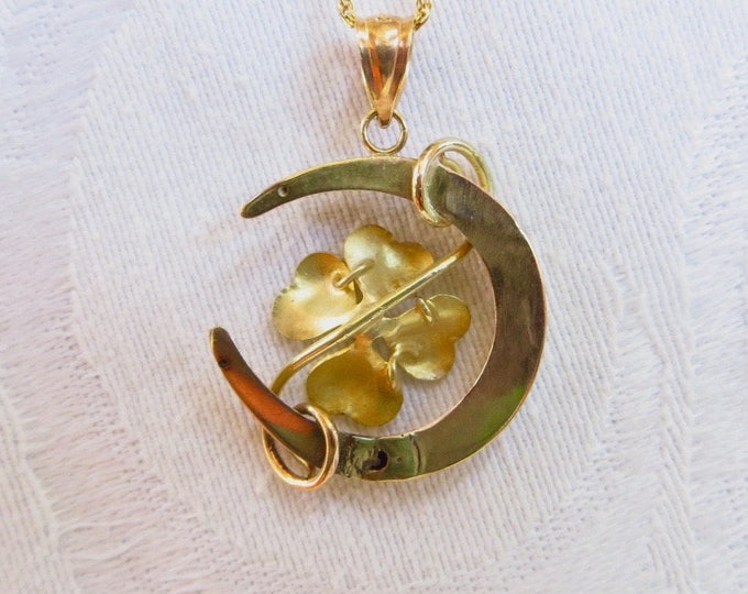 14K Shamrock Necklace, Shamrock and Horseshoe Pendant, 17" Chain, Vintage Irish Necklace, Equestrian Jewelry