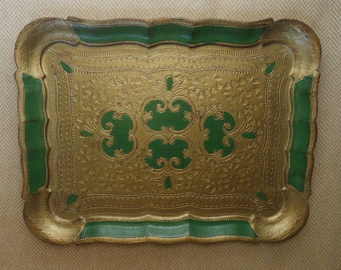 Vintage Florentine Tray, Italian Renaissance, Gold Gilt and Green, Wall Table Decor
