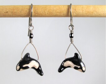 Swimming Orca Whale Dangles on Pure Titanium Ear Wires