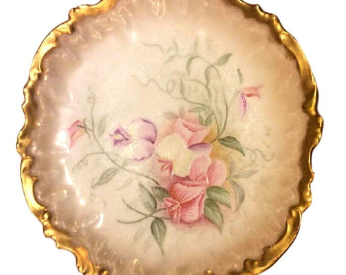 Antique French Limoges Plate, Coiffe Factory France, Heavy Gold with Sweet Pea Flowers, Cabinet Plate, Hand Painted Sweet Peas Floral Plate