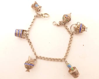 Etruscan Filigree Cloisonne Italian Charm Bracelet 800 Silver