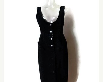 ON SALE Vintage Black Suede Button down Sleeveless Long Dress from 90's/minimal*