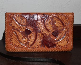 Vintage 1970's Hand Tooled Leather Checkbook Cover / Wallet