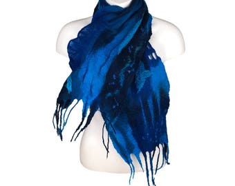 Felted merino wool blue scarf using a variety of felting techniques