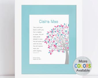 Girl Baptism Gift w Bible Verse, Personalized Christening Gift, Religious Gift, Tree PRINT, Zephaniah 3:17 Lord is with you, Unique Gift