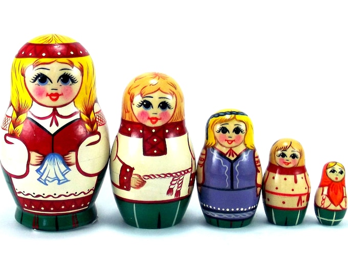 Ethnic Nesting Dolls 5 pcs Russian matryoshka doll Babushka set for kids Wooden authentic stacking handpainted dolls toys Belarus