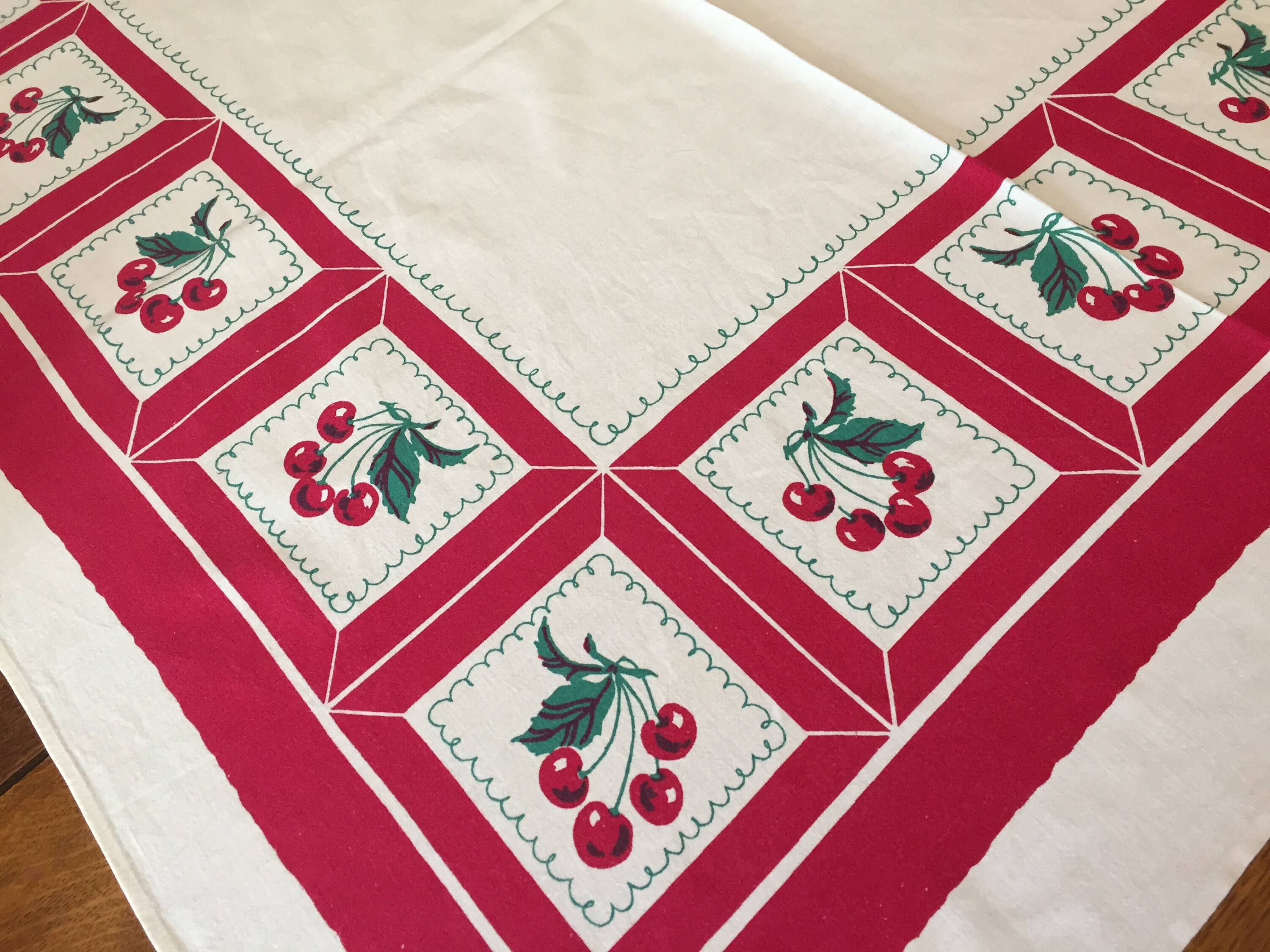 Red Cherries Tablecloth Vintage Cotton 1950's Printed