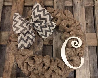 Monogram Initial C Burlap Wreath / Front Door Wreath / Rustic Wedding Decor Gift / Rustic Wreath / Front Door Initial C Hanger
