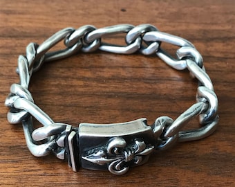 Vintage 1960's Heavy Fleur de Lis Sterling Silver Chain Link Bracelet