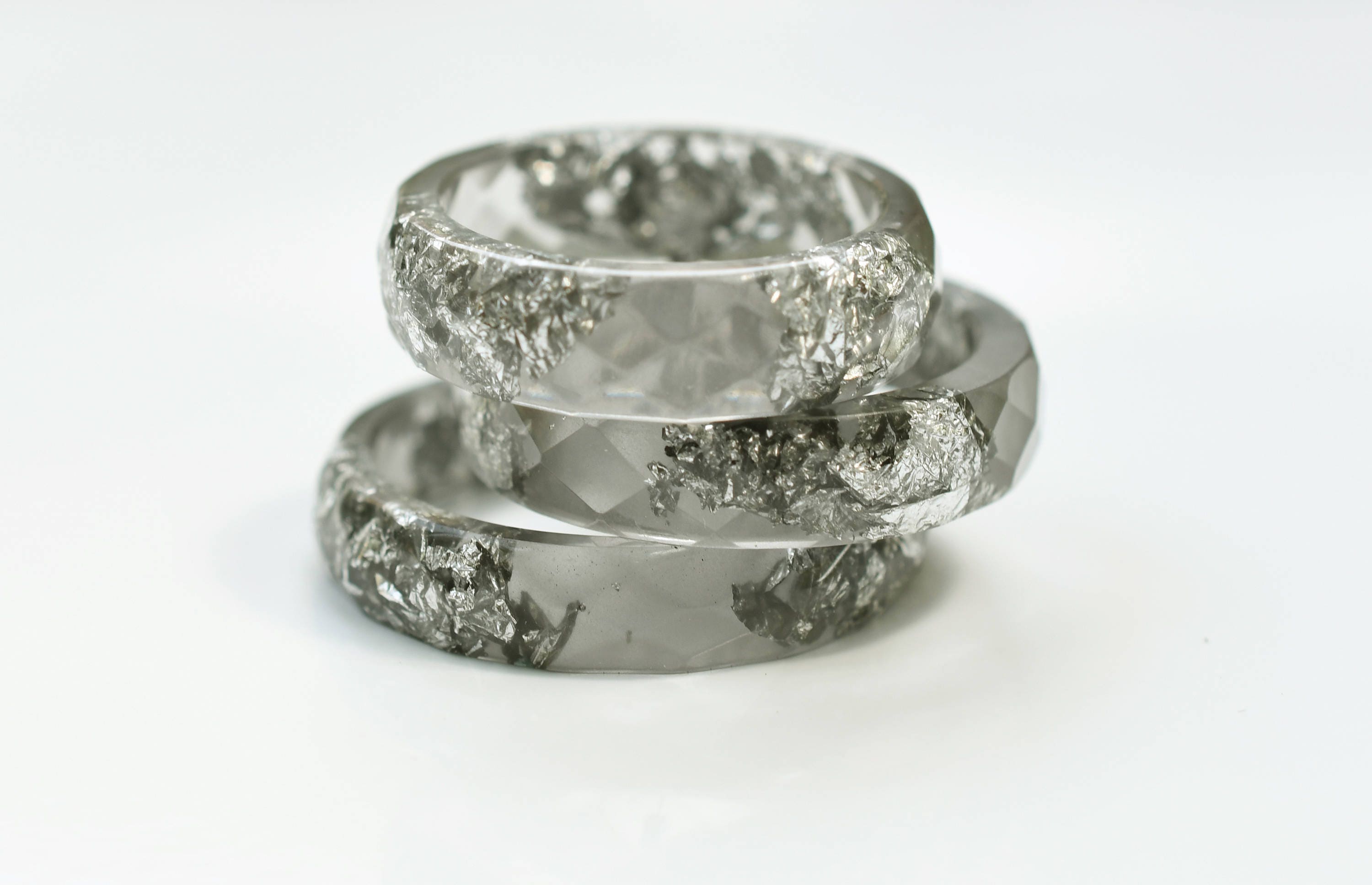 Graphite Resin Ring With Silver Flakes Thin Faceted Band