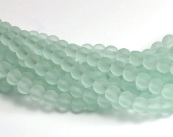 35PCs (6mm) Lt Sea Foam Green Round Cultured Sea Glass Beach Glass Beads 8" (About 35pcs/strand)