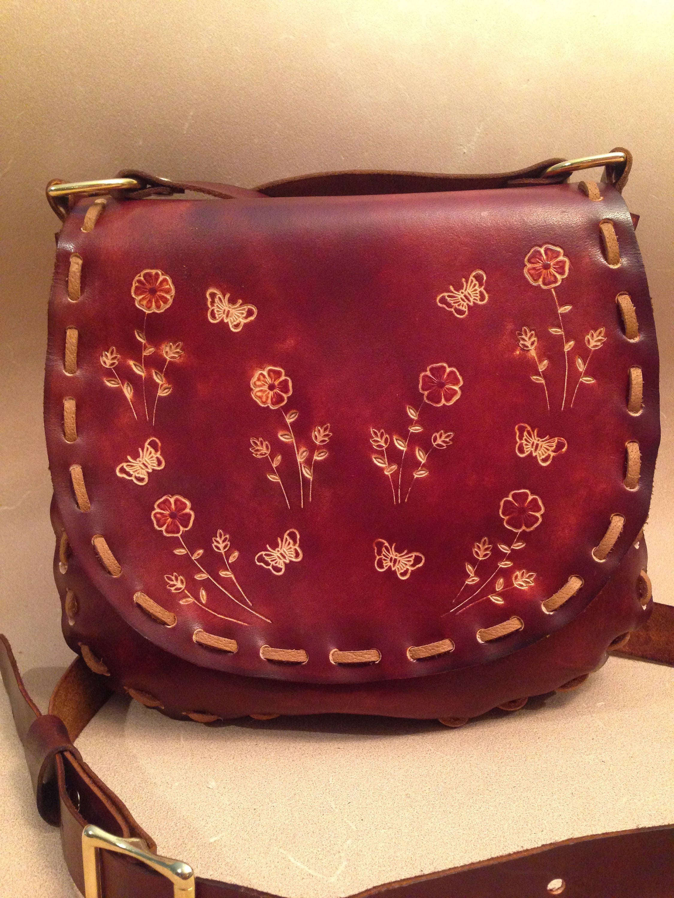 Tooled Brown Leather Crossbody Bag Shoulder Bag Purse