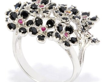 Sterling Silver 2.12ctw Black Spinel And Ruby Cluster Ring SZ 6,7