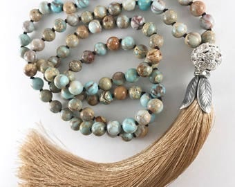 Beaded Tassel Necklace, Turquoise Statement Necklace, Long Boho Necklace, Beaded Turquoise Necklace, Hand Knotted Necklace, Bohemian Jewelry