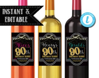 EDITABLE 90th Birthday Custom Wine Labels, Cheers to 90 Years, 90th Birthday Gift, 90th Party, Vintage Aged to Perfection 90th Printable
