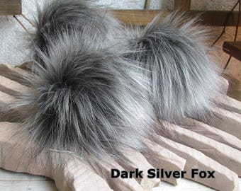 3 Faux Fur Pom Pom. Dark Silver FOX for hat, bags, extra large pom pom, fox fake fur pompom,