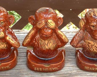1950 or early 60s Vintage Rare Three Wise Monkeys Novelty Ashtray Set Smoking Collectible — Three Pieces!