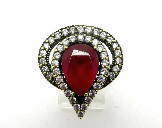 Vintage Faux Ruby Statement Ring | Two Tone Sterling Silver | Ruby Quartz, CZ Halo Cocktail Ring | Size 8