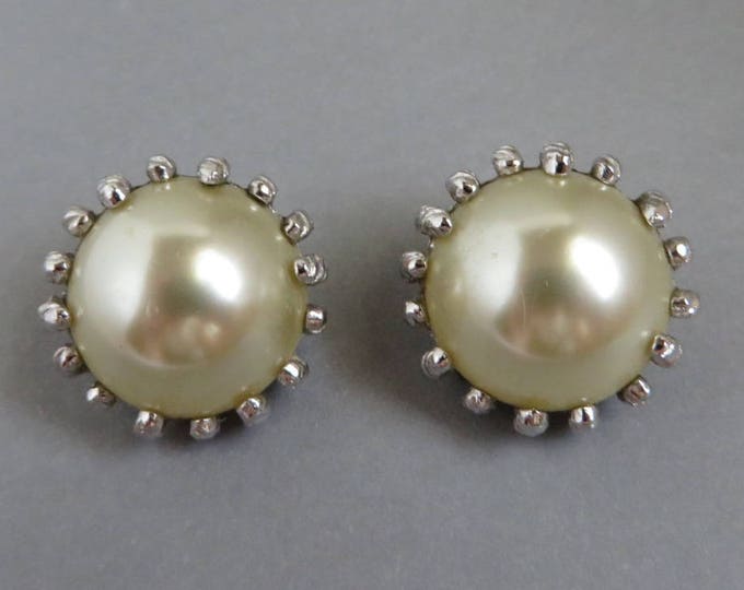 Judy Lee Faux Pearl Earrings | Vintage Button Earrings | Silver Tone Clip-ons | Signed Designer Jewelry