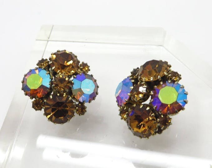 Rhinestone Cluster Earrings, Vintage Weiss Cognac Rhinestone Earrings, Cluster Clip-on Earrings, Gift for Her