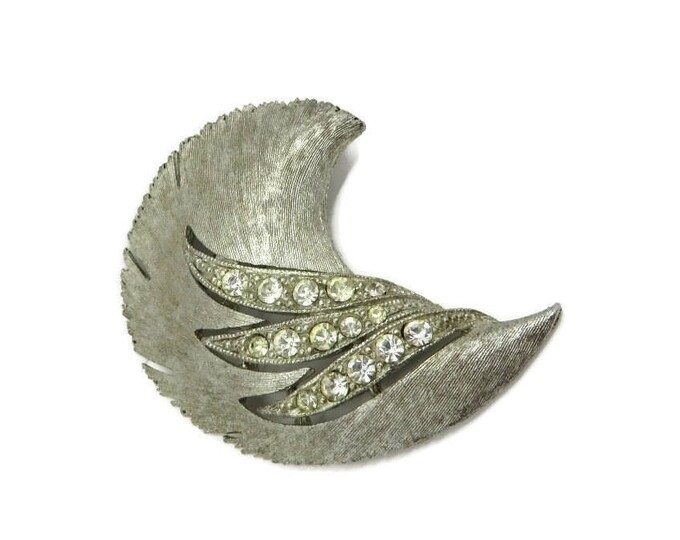 Rhinestone Leaf Brooch, Vintage Curved Leaf Pin, Signed J J Matte Silvertone Pin, Bridal Jewelry, Gift Idea