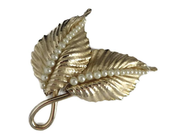 Napier Leaf Brooch, Vintage Faux Pearl Double Leaf Gold Tone Brooch, Signed Napier Jewelry Gift for Her, Gift Box