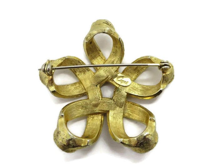 CAPRI Brooch, Vintage Gold Tone Designer Ribbon Pin, Matte Gold Looped Brooch