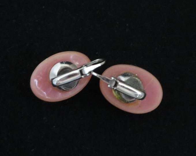 Vintage Dried Flower Earrings, Rose Oval Lucite Clip-on Earrings, Romantic Jewelry Gift Idea