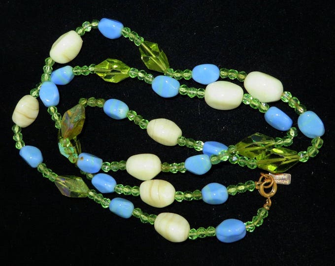 Signed Hattie Carnegie Necklace | Vintage Art Glass | Cream Blue Green Glass Beaded Necklace