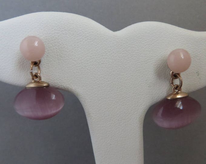 Pink Moonstone Earrings, Vintage Dangling Lavender Pink Pierced Stud Earrings